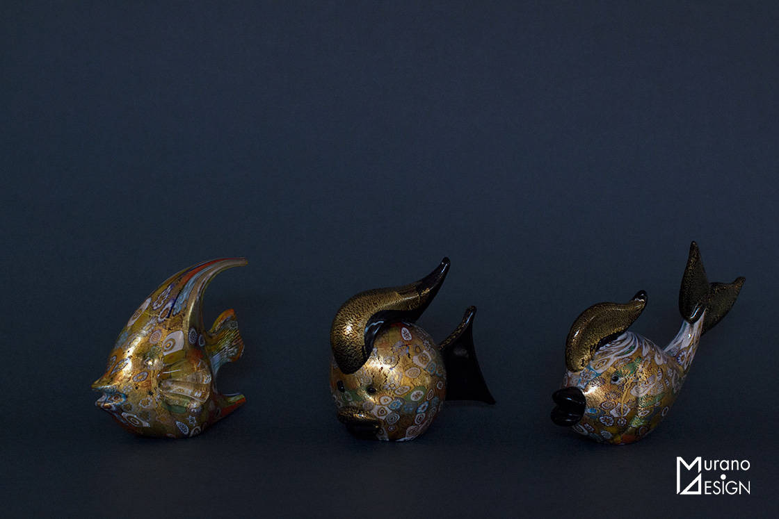 Pesci con murrine e foglia oro in vetro di Murano realizzate da Vetreria Murano Design