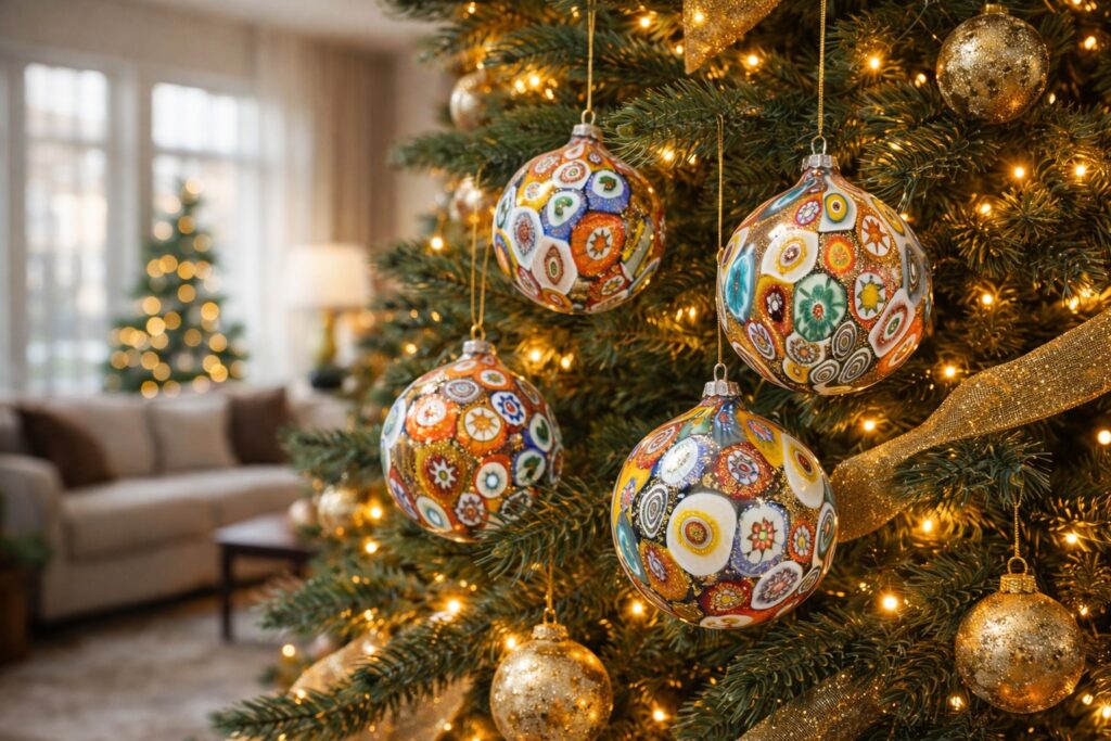 Palline di Natale in vetro di Murano realizzate a mano con decorazioni artigianali
