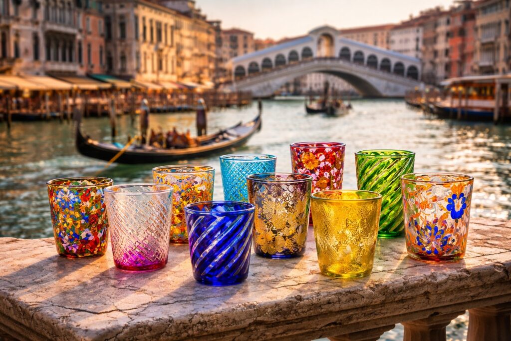 bicchieri murano colorati lavorati a mano su sfondo venezia canal grande ponte rialto