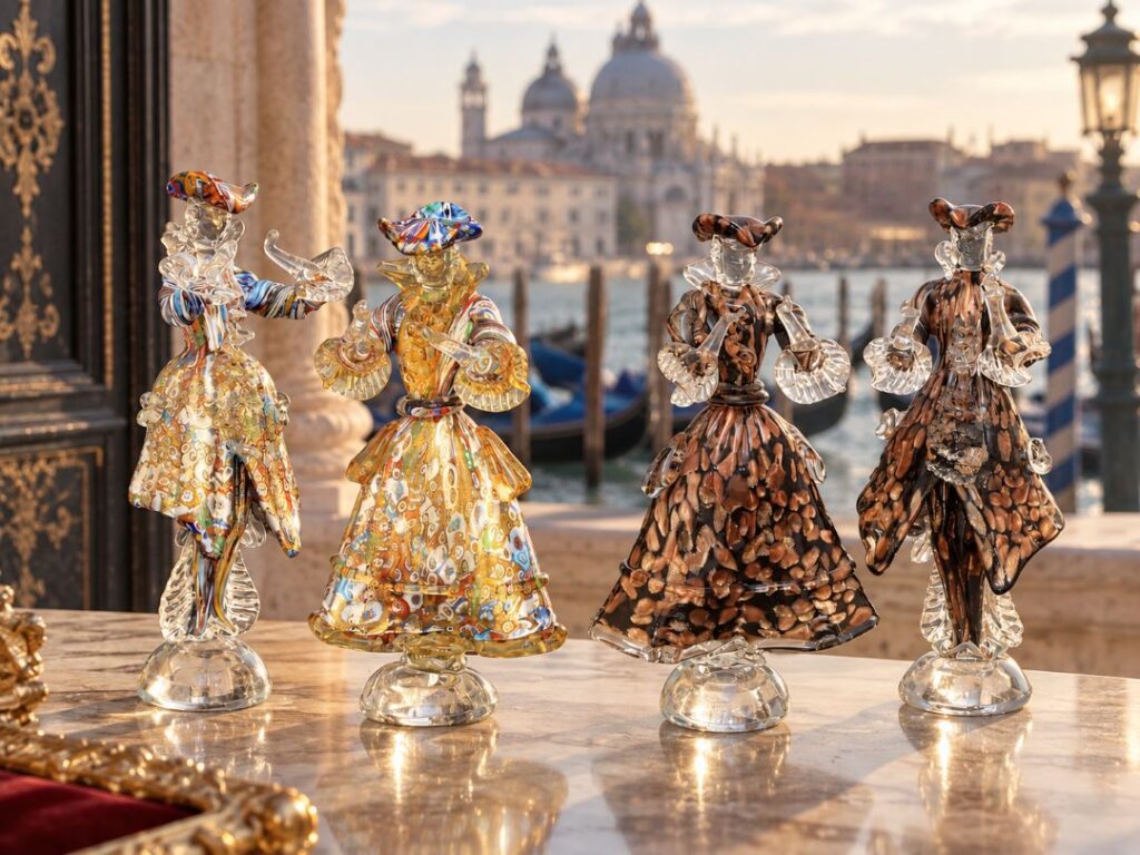 Soprammobili in vetro di Murano con figure veneziane artigianali ambientate a Venezia